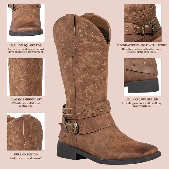 SheSole Western Boots Women's Brown Tan Faux Leather Square Toe Wide Mid Calf - Picture 5 of 9